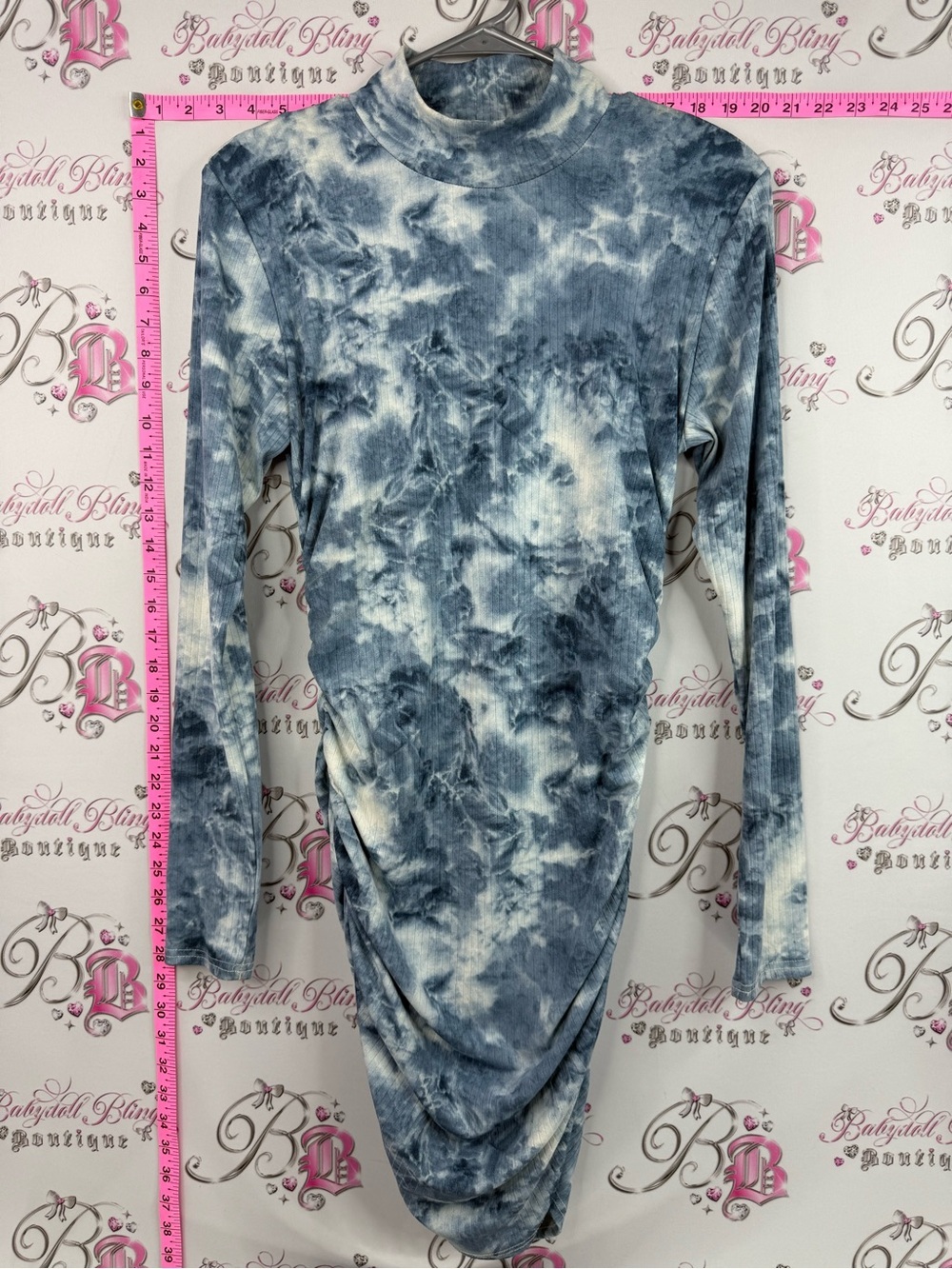 Revamped dress shoulder pads Blue & White Tie-Dye Long Sleeve Bodycon Dress
